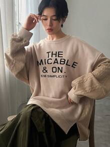FRIFUL 女式宽松拼布字母印花卫衣，秋装 - 卡其色 - 查看 3