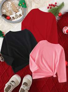 3pcs/Set Young Girl Christmas Casual Stylish Cartoon Reindeer, Christmas Tree & Slogan Print Round Neck Long Sleeve T-Shirts, Suitable For Christmas Party Sisterly Matching