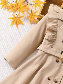 SHEIN Young Girl Solid Color Lapel Flounce Casual Long Trench Coat,In Fall/Winter - Khaki - View 4