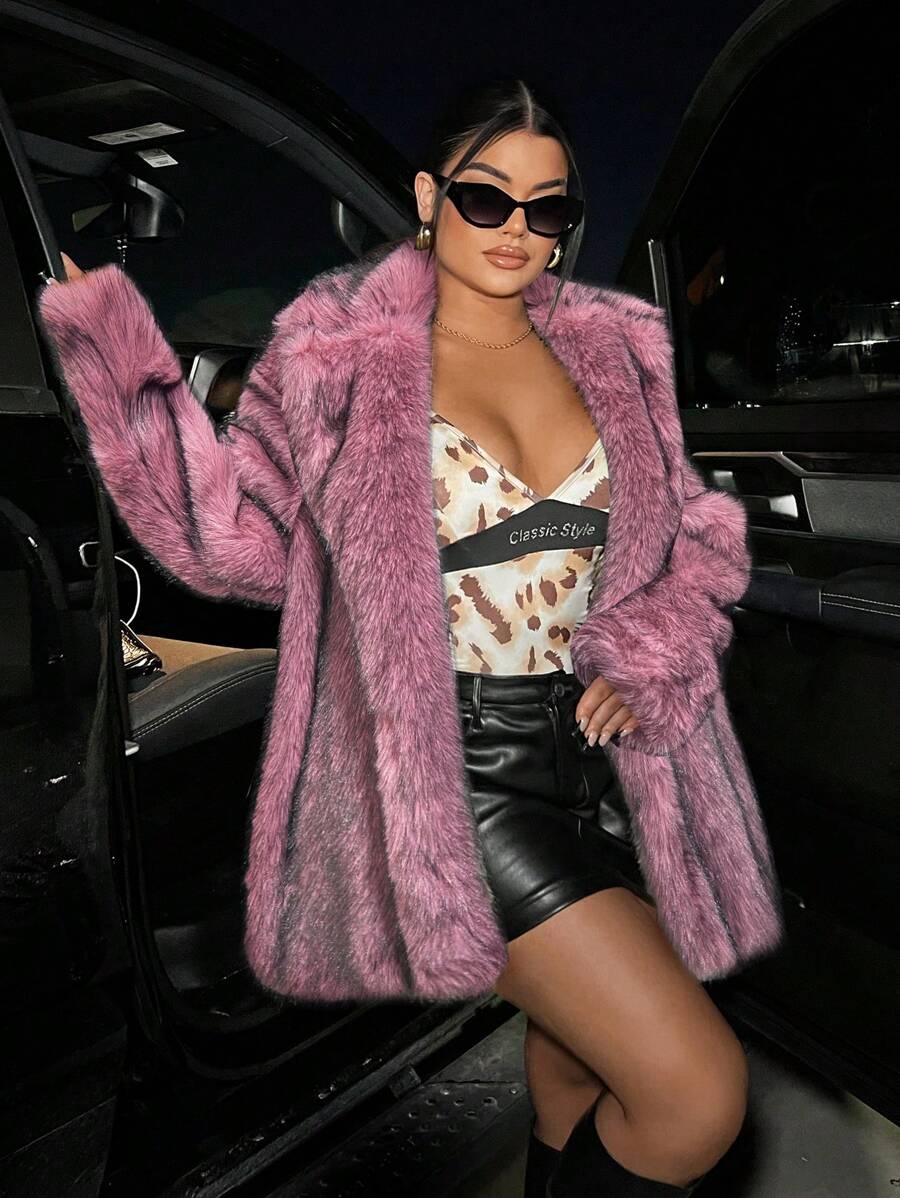 SHEIN SXY 性感前开式毛绒外套冬季服装 - 粉色 - 查看 1