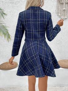 Chiquease Vestido corto de manga larga a cuadros con botones delanteros, uso diario casual - Azul - Ver 2