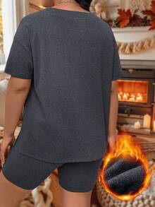 Calvaya Bộ áo phông rộng cổ chữ V thanh lịch và quần legging bó sát cỡ lớn - Màu xám đen - Xem 2