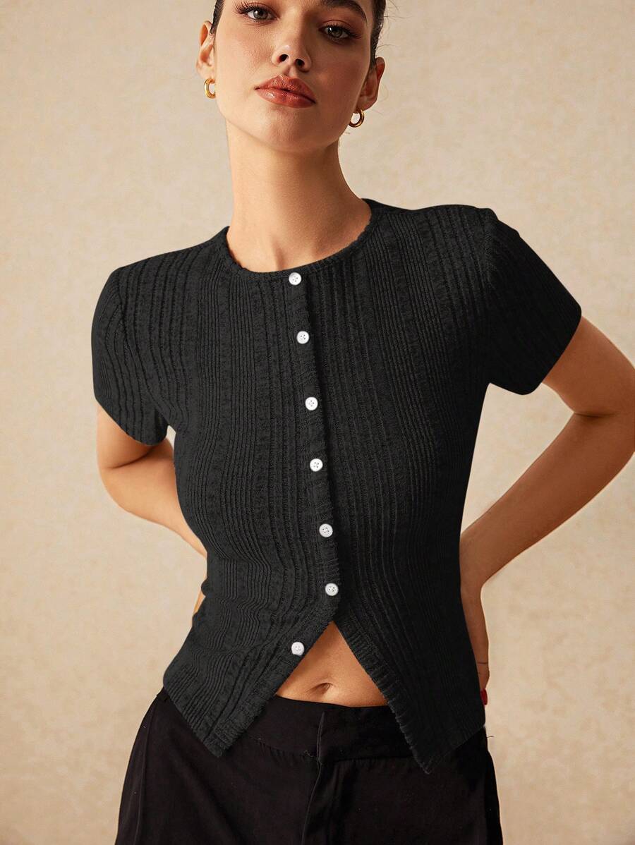 Poéselle 秋季修身不对称罗纹短袖女式 T 恤，带开衩下摆设计，短袖衬衫，圆领，紧身短袖衬衫，T 恤，秋季女式上衣，万圣节衬衫，外出服装