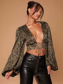 Hauture 动物纹深V领泡泡袖系带上衣 - 彩色 - 查看 5