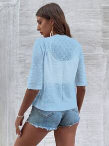 SHEIN LUNE Áo len cardigan lửng tay lửng đơn hàng khuy đơn màu đơn giản cho nữ, mùa xuân/hè - Màu xanh nhạt - Xem 2