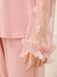 青少年女孩两件套睡衣套装，粉色简约时尚长袖上衣和裤子家居服 - 粉色 - 查看 3