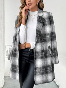 SHEIN Clasi 女式前扣长袖口袋平领休闲格子夹克 - 黑與白 - 查看 6