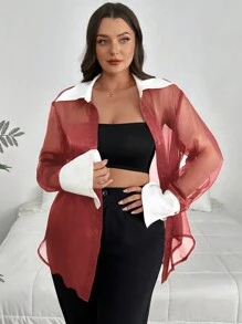 SHEIN Privé Damen Bluse in Große Größen, Kontrastfarbe Schwarz und Weiß, durchsichtig und glänzend, Herbst-Schulanfang - Bordeaux - Übersicht 5