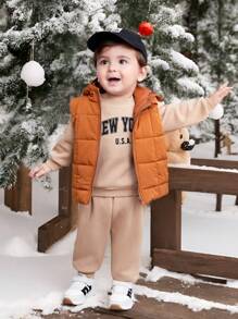 SHEIN 3 sztuki/zestaw chłopięcy ciepły jednolity kolor polarowa kamizelka, bluza z kapturem, zestaw długich spodni na jesień i zimę, odpowiedni na zewnątrz, narciarstwo