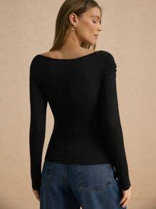 Poéselle Women's Solid Color Asymmetric Neck Long Sleeve Fitted T-Shirt, Fall Winter Clothes, Bottoming Top, Asymmetric Ruched Black Tee, Effortless Chic Essential, Causal Elegant Wear, FW24