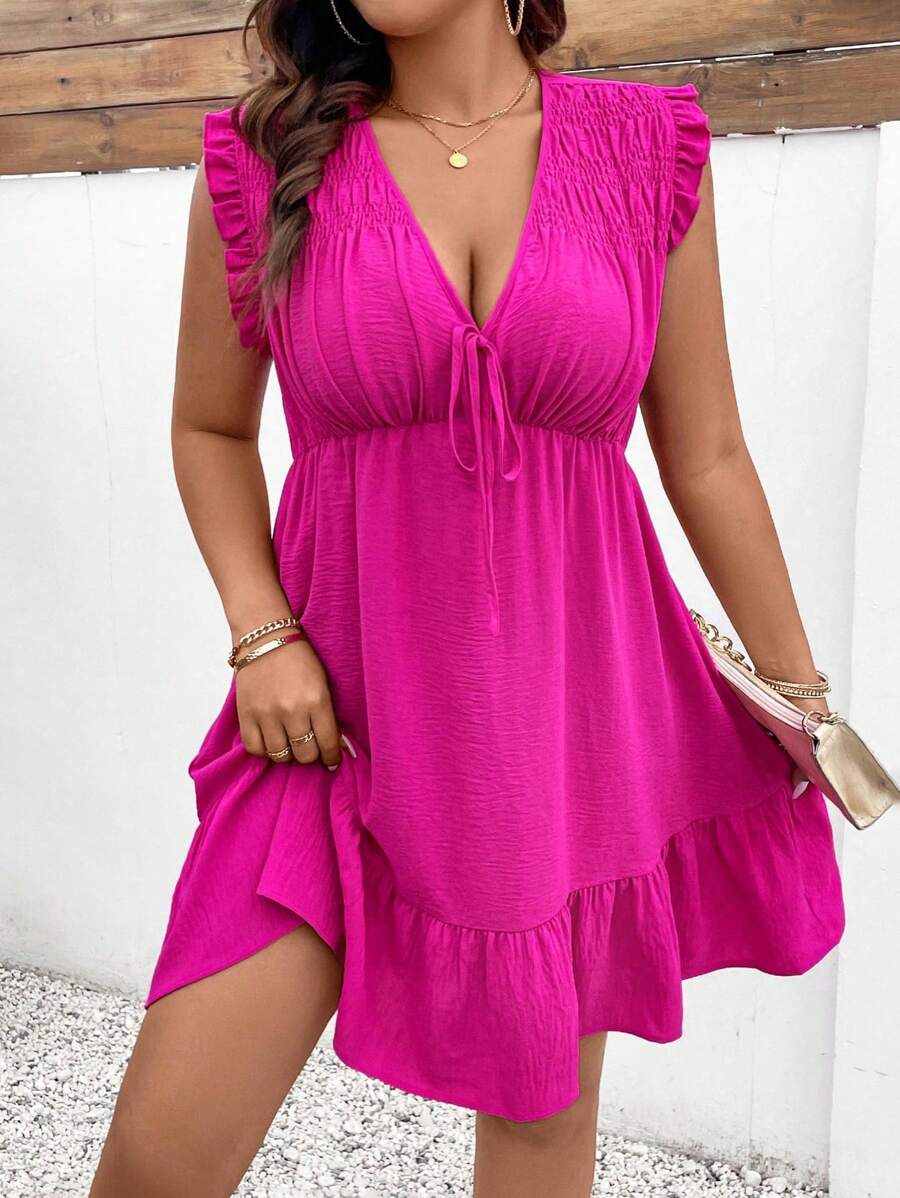 Rometta Kích thước lớn Của phụ nữ Cổ chữ V Ngắn Tay áo hình bướm Đầm - Màu Hồng Tươi - Xem 1