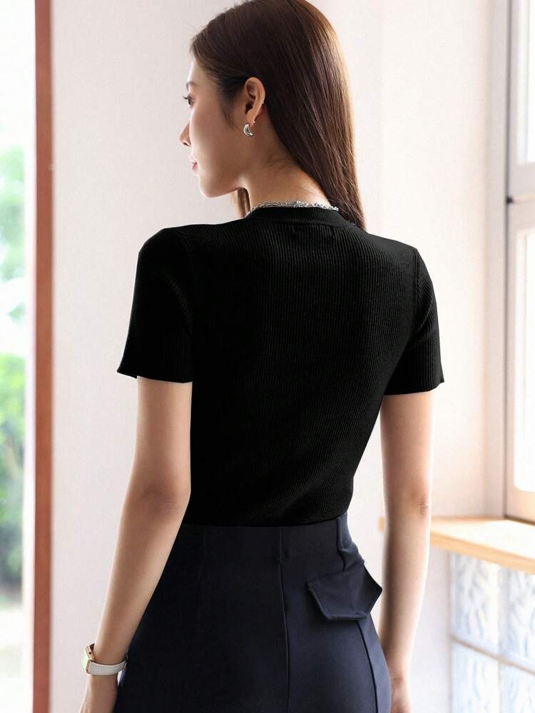 1pc Women's Solid Color V-Neck Fitted Knit Top, Business Casual Wear, Spring/Summer/Autumn,Back To School Clothes