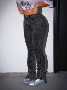 SHEIN ICON Damskie jeansy Y2K Skinny Stacking Jeans, czarne rozszerzane spodnie - Czarne - Zobacz 7