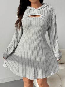 SHEIN EZwear 大码黑色罗纹连帽运动衫连衣裙休闲两件套服装，初秋 - 淺灰色 - 查看 1