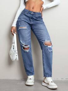 SHEIN EZwear Women's Pockets Distressed Straight Loose Casual Versatile Jeans - Medium Wash - View 6