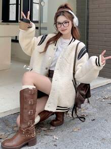 DAZY 拼布撞色条纹仿羊毛口袋宽松长袖女式夹克，秋季女装 - 米色 - 查看 8
