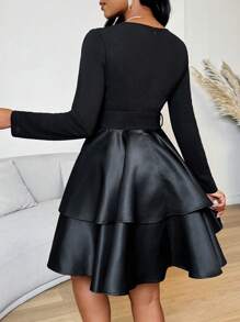 SHEIN Clasi 女士纯色 V 领分层裹身长袖迷你连衣裙 - 黑色 - 查看 2