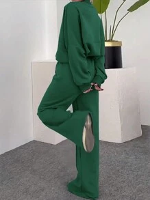 INAWLY 2 pièces Ensemble veste à manches chauve-souris zippée et pantalon à taille élastique, couleur unie, décontracté, printemps/automne