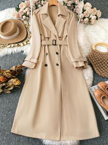 Flirla Plus Size Women's Solid Color Minimalist Daily Long Sleeve Trench Coat - Khaki - View 6