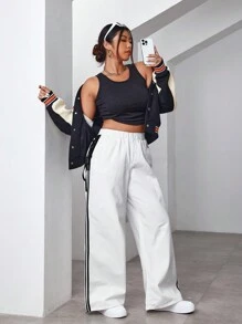 SHEIN EZwear 大码女式侧条纹系带宽腿宽松休闲牛仔裤 - 白色 - 查看 6