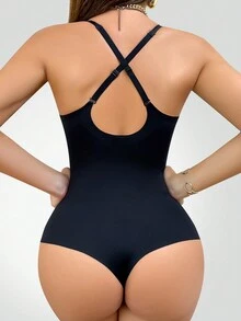 1 件女式无缝连体裤，性感网眼紧身塑身衣，适合腰部和腹部控制 - 黑色 - 查看 4