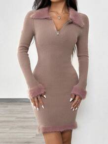 Chiquease Plain Zipper Fluffy Patchwork Ribbed Knit Long Sleeve Sweater Dress Fall Cloth For Women - Khaki - View 5