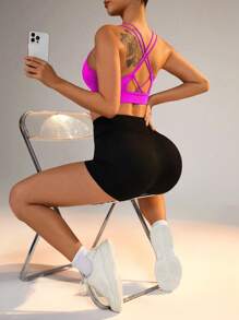 Gameset SHEIN Sport Seamless Solid Color Round Neck Backless Sports Bra - Hot Pink - View 3