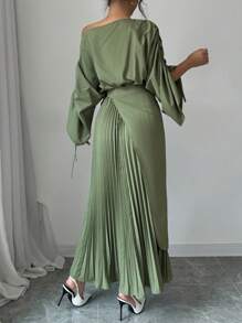 Rafferiza 女式斜领长袖收腰荷叶边下摆中长连衣裙女装 - 綠色 - 查看 2
