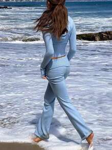 INAWLY 2pcs Women's Solid Color Simple Hooded Sweater And Pants Set ,2 Pieces Set Blue - Baby Blue - View 2