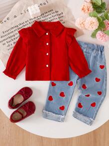 SHEIN Genkimix Kids Bộ 2 món áo thêu ngôi sao mùa thu cho bé gái và quần denim - Đỏ - Xem 1
