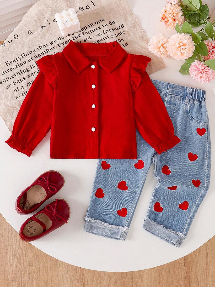 SHEIN Genkimix Kids Bộ 2 món áo thêu ngôi sao mùa thu cho bé gái và quần denim - Đỏ - Xem 1
