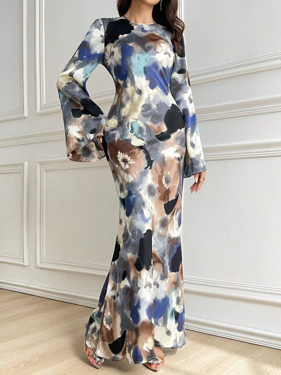 Modelyn Đầm Maxi Tay Dài Thanh Lịch Cổ Tròn In Hoa Cho Nữ Đầm Maxi Tay Dài Đầm Dạ Hội Dài - Nhiều màu - Xem 1