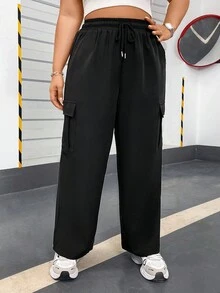 Flirla Plus Size Back-To-School Black Cargo Pants, Straight Leg, Elastic Waist With Drawstring - Black - View 6