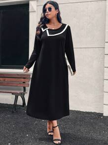 SHEIN LUNE Plus Size Black And White Contrast Trim Dress With Collar Winter Clothes - Black and White - View 5