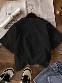 SHEIN EZwear 宽松休闲女式 HOUSTIN 图案圆领短袖 T 恤，适合夏季 - 黑色 - 查看 2