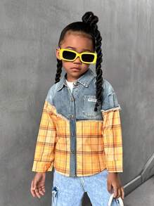 SHEIN Explorewe Young Girls Long Sleeve Plaid Patchwork Distressed Denim Loose Fit Pockets Button Down Casual Shirt - Multicolor - View 6