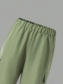 SHEIN 少女纯色长袖上衣搭配褶皱阔腿裤，秋季 - 白色 - 查看 4