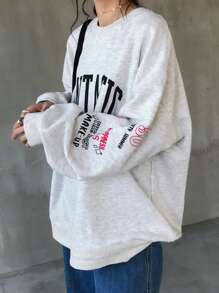 FRIFUL 女士宽松字母印花落肩卫衣，适合秋冬季节，长袖上衣，保暖内衬 - 灰色 - 查看 3