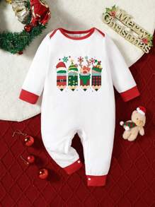 Pelele de manga larga con estampado de árbol de Navidad de tema navideño para bebé/recién nacido unisex, mono de invierno - Blanco - Ver 4