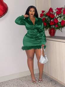 Slaydiva Bộ 2 chiếc áo sơ mi dài tay màu trơn cỡ lớn cho nữ và chân váy midi viền chắp vá, xuân hè, đông - màu xanh lá - Xem 4