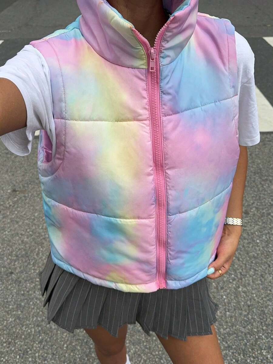 SHEIN EZwear 女士拉链无袖休闲时尚扎染背心 - 彩色 - 查看 1