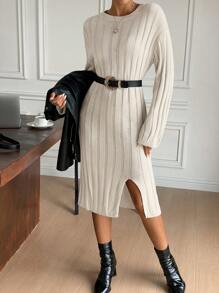 SHEIN Frenchy Damen Einfarbig Langarm Rippenstrick Schlitz Pullover Kleid Für Herbst/Winter, Drop-Shoulder