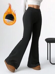 SHEIN EZwear Pantalones acampanados con forro térmico para mujer, corte ajustado
