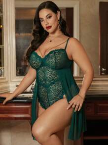 Lencería con diseño de cadena con encaje en contraste de malla - Verde Oscuro - Ver 7