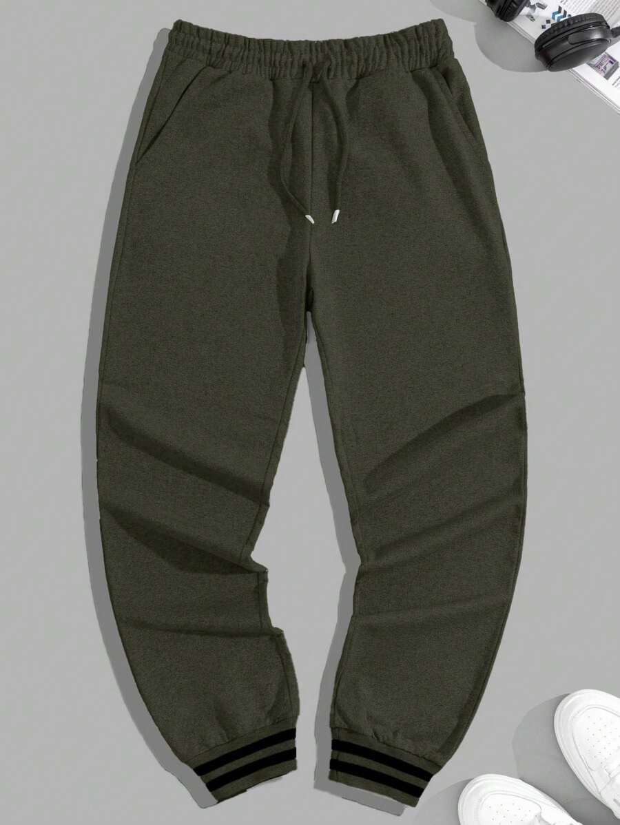 RueChic Cotton Men's Striped Drawstring Waist Pockets Relaxed Fit Sweatpants - Army Green - View 1