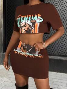 Slaydiva Bộ 2 món phong cách đường phố thường ngày, in họa tiết, gồm áo crop top tay ngắn và chân váy mini dành cho nữ. - Cà phê nâu - Xem 4