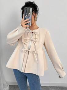 Chiquease 女士冬季长袖翻领蝴蝶结设计针织外套，女士春秋季休闲结，荷叶边下摆常规袖圆领常规版型杏色纯色女士大衣，休闲日常穿着 - 杏色 - 查看 4