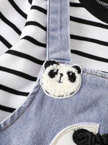 2pcs Baby Boys' Striped Long Sleeve Top & Panda Print Denim Romper Set, Comfortable & Casual Style For Autumn Winter Outdoor, Vacation & Daily Wear - Blue - View 6