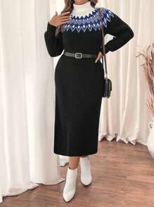 SHEIN LUNE Vestido de suéter manga larga holgado de cuello alto con patrón geométrico Fairisle negro para mujer talla grande, otoño invierno