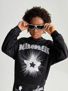SHEIN 青少年男孩时尚印花连帽衫和运动裤 2 件套 - 黑色 - 查看 3